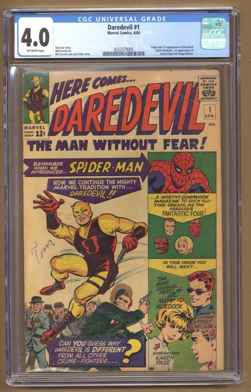 Daredevil 1 CGC 40 1st appearance of Daredevil Karen and Foggy 1964 T568