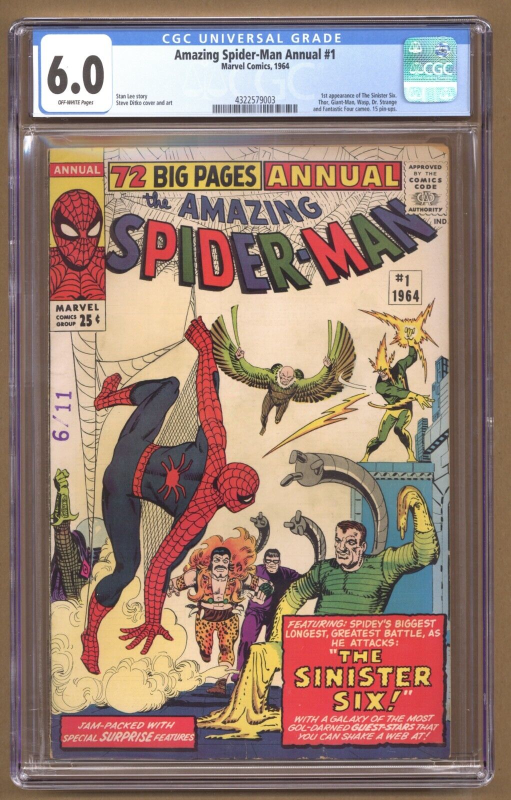 Amazing SpiderMan Annual 1 CGC 60 1st app Sinister Six Ditko 1964 Marvel 562