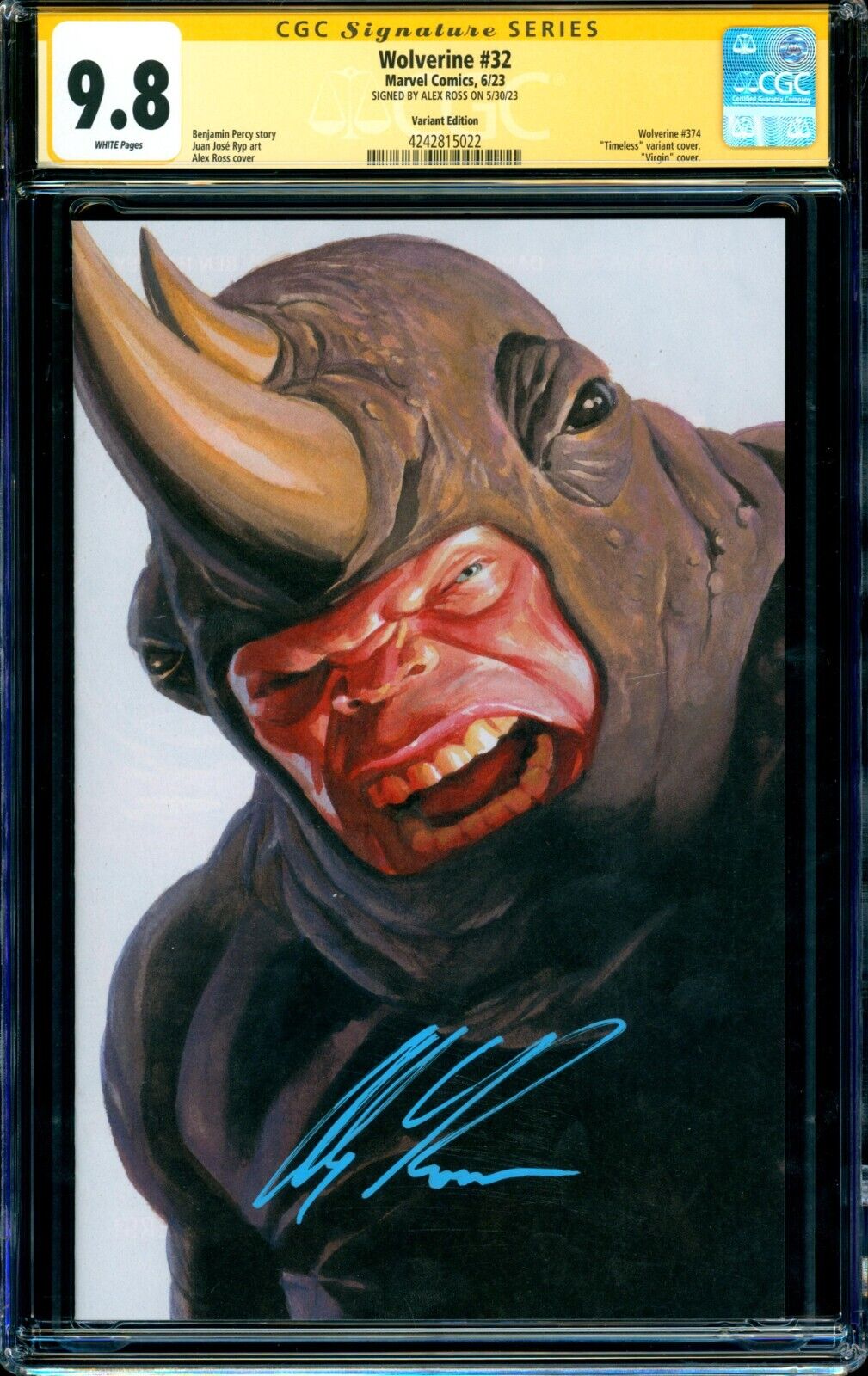Wolverine 32 RHINO TIMELESS VARIANT CGC SS 98 signed Alex Ross SINISTER SIX