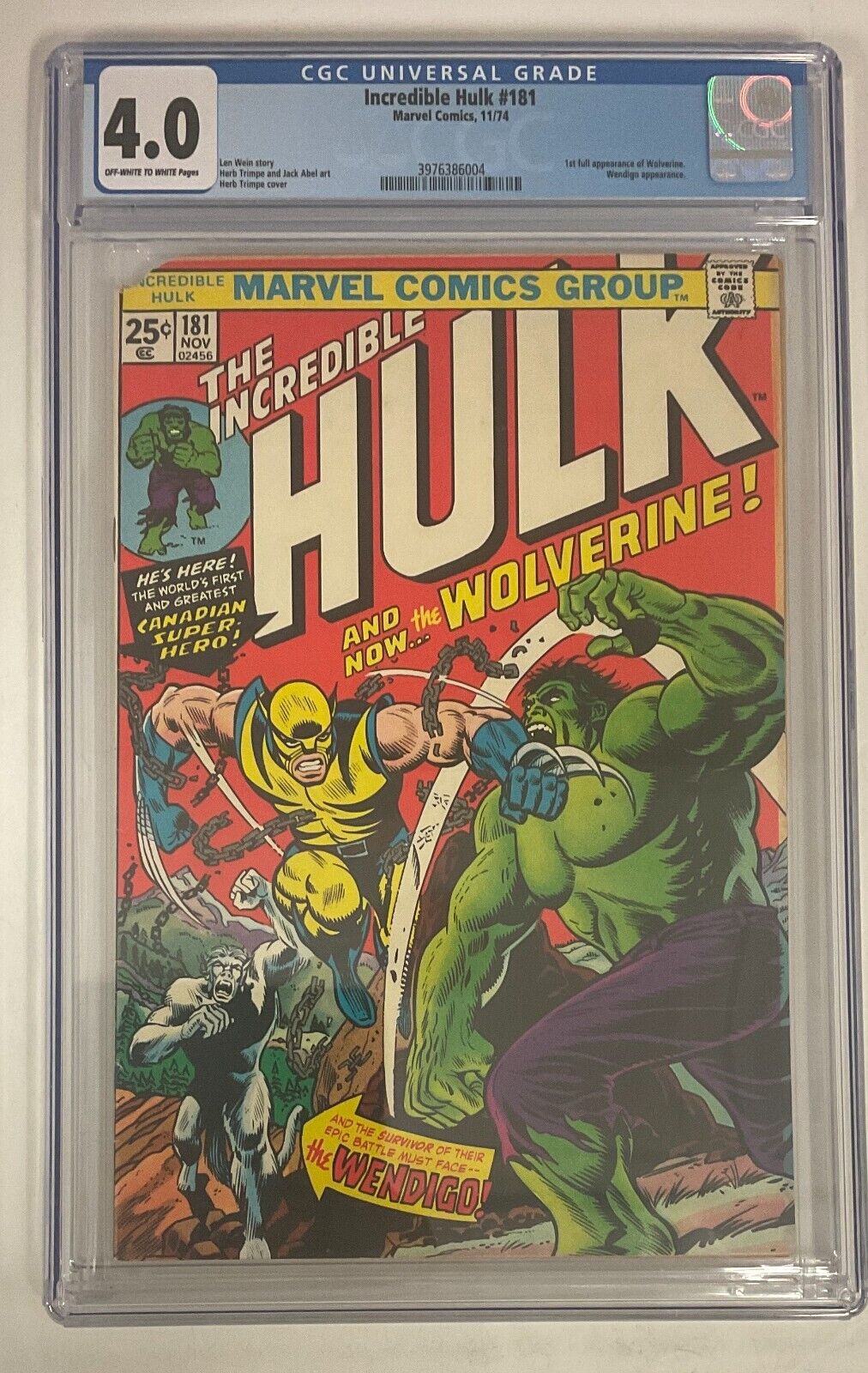 Marvel Comics Incredible Hulk 1st Appearance Wolverine 181 CGC 4 OWW
