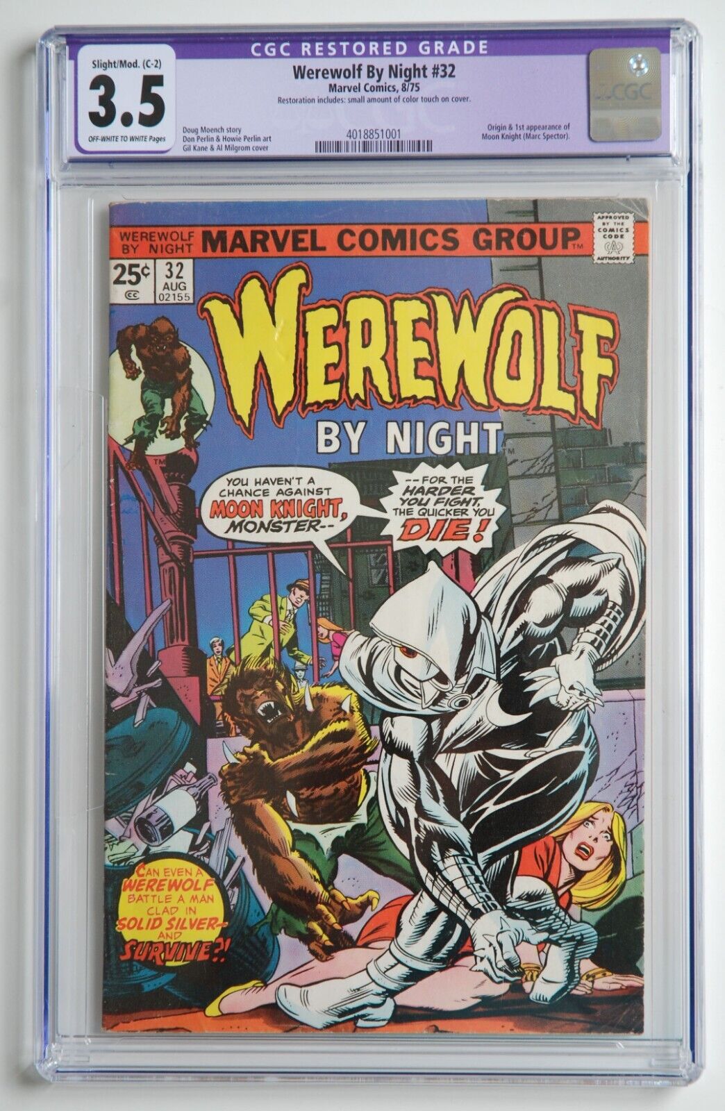  WEREWOLF BY NIGHT 32 CGC 35 OWW RESTORED COMIC BOOK 1975 1st MOON KNIGHT