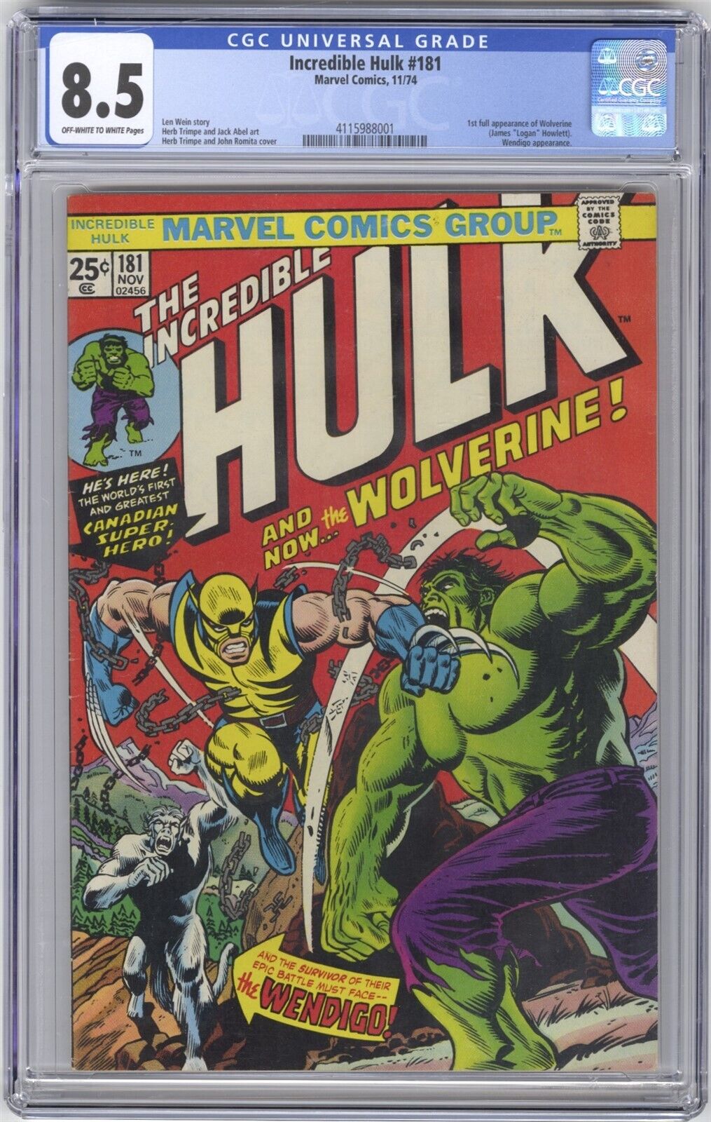 Incredible Hulk 181 CGC 85 HI GRADE Marvel Comic KEY 1st Full App of Wolverine