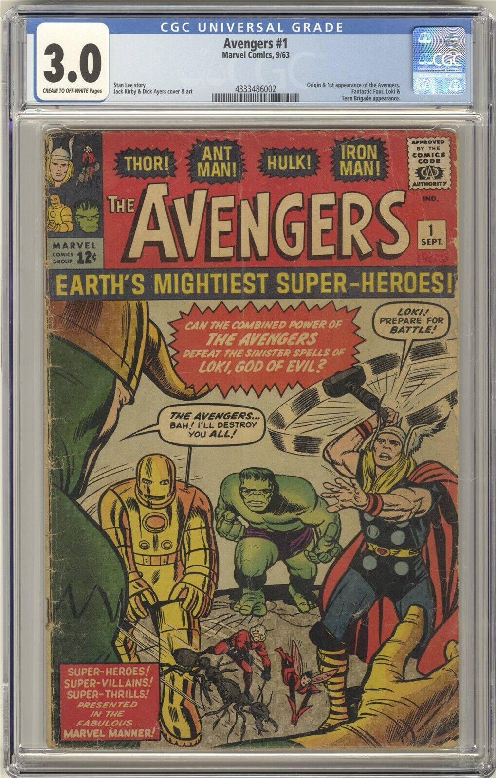 Avengers 1 CGC 30 VINTAGE Marvel Comic KEY Origin  1st App of Original Team