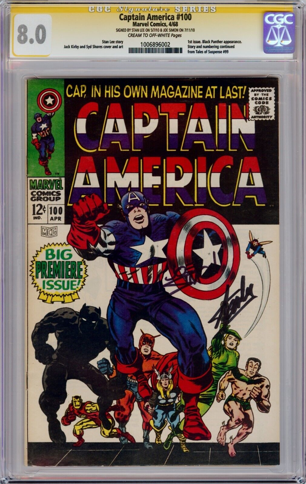 CAPTAIN AMERICA 100 1968 CGC 80 SS Signed Stan Lee  Joe Simon 1ST ISSUE