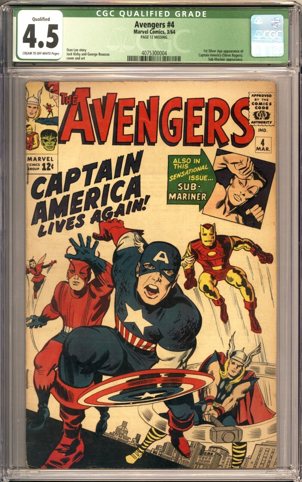 Avengers 4 CGC 45 Qualified Great Book 1st Silver Age App Captain America 1964