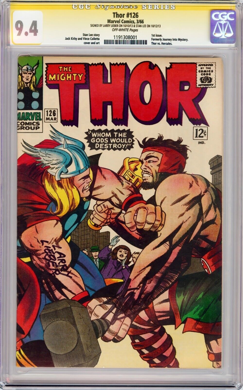 THOR 126 1ST ISSUE 1966 CGC 94 SS Signed Stan Lee  Larry Lieber